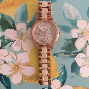 Rose gold and bone fossil watch